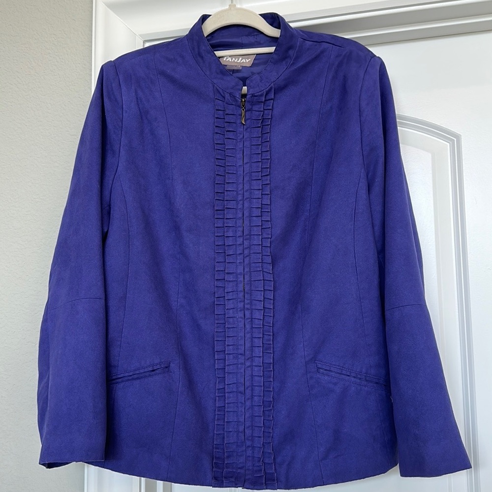 TANJAY Purple Faux Suede Dress Zip up Jacket with Ruffle Details